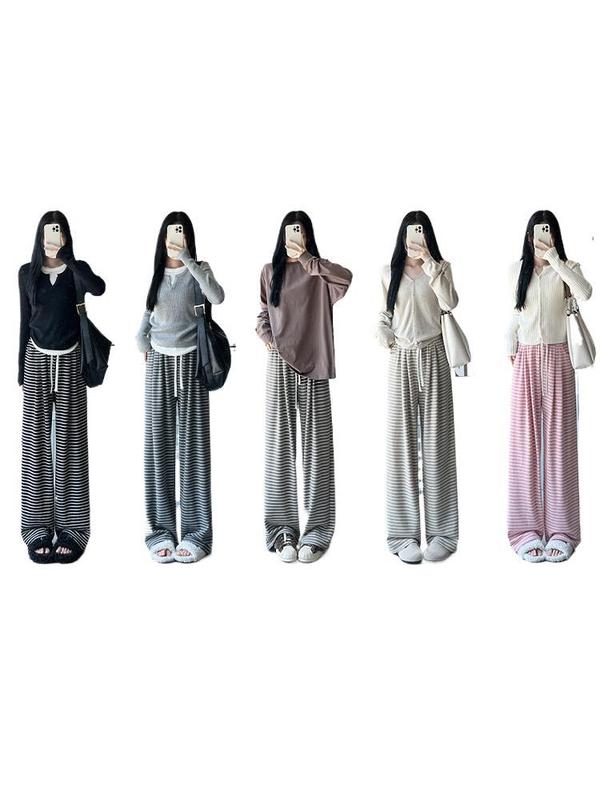 黑色横条纹阔腿裤女春秋薄款2025新款小个子宽松直筒运动休闲裤潮|undefined