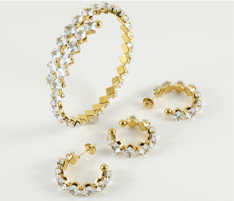 Simple Style Rhombus Titanium Steel Inlay Zircon Jewelry Set 1 Set