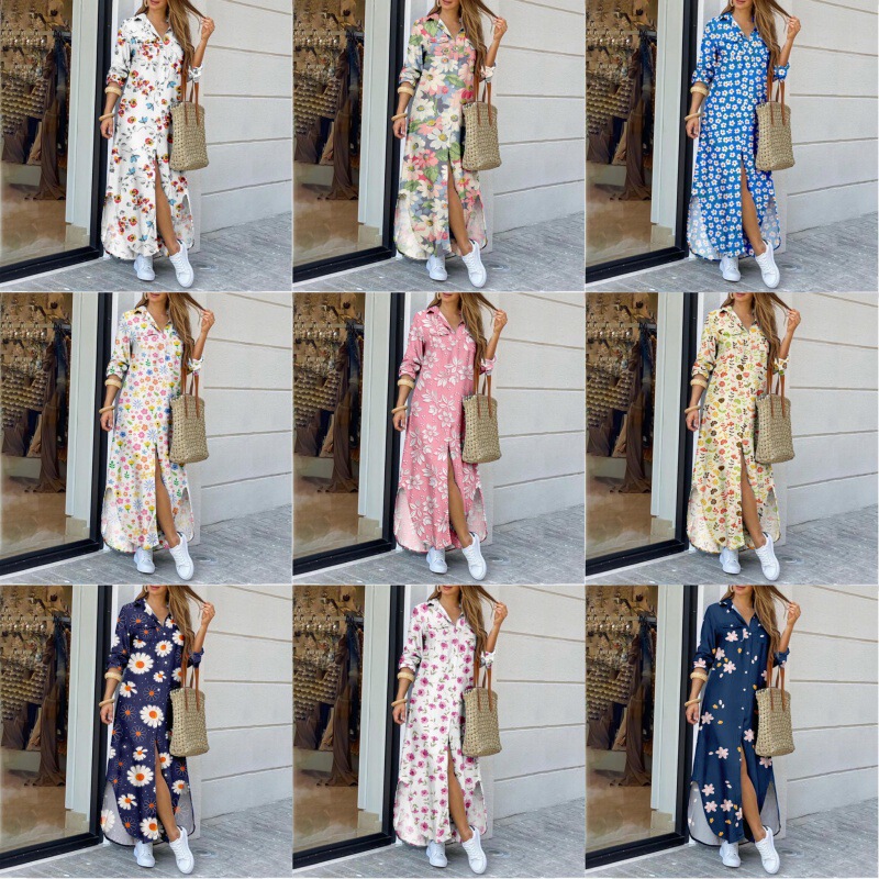 Aliexpress Amazon wish European and American Autum New Fashion Flower Series Lapel Shirt Long Dress for Women