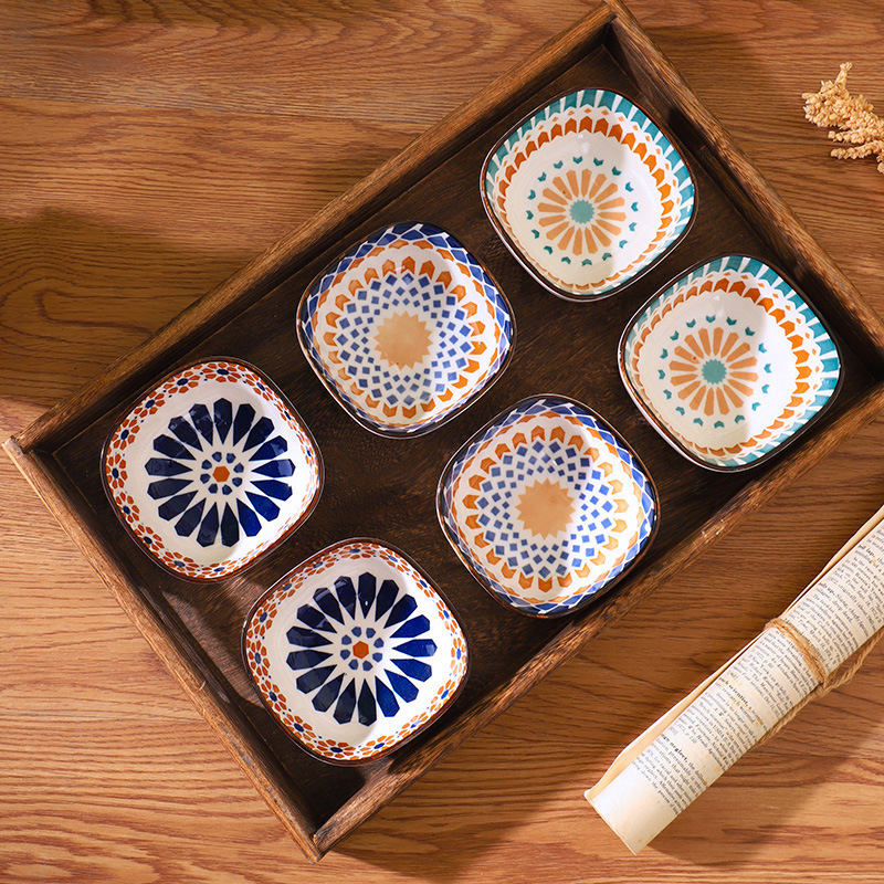 Dipping Dish, Bohemian Style Ceramic Flavor Dish, Underglaze Color Snack Dish, Condiment Dish, Square Hot Pot Dish, Meal Dish, Vinegar Dish