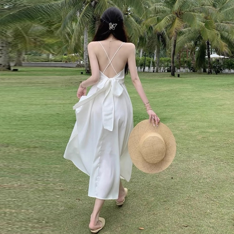 싼야 해변 여행복, 휴가용 비치 스커트, 슈퍼 페어리 백리스 서스펜더 롱 스커트, 새틴 보우 드레스