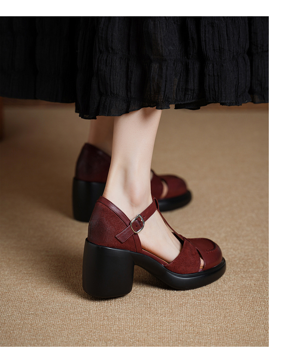 Sandal nữ cao gót mũi nhọn quai chữ T da bò, gót 8 cm — đen chi tiết 11