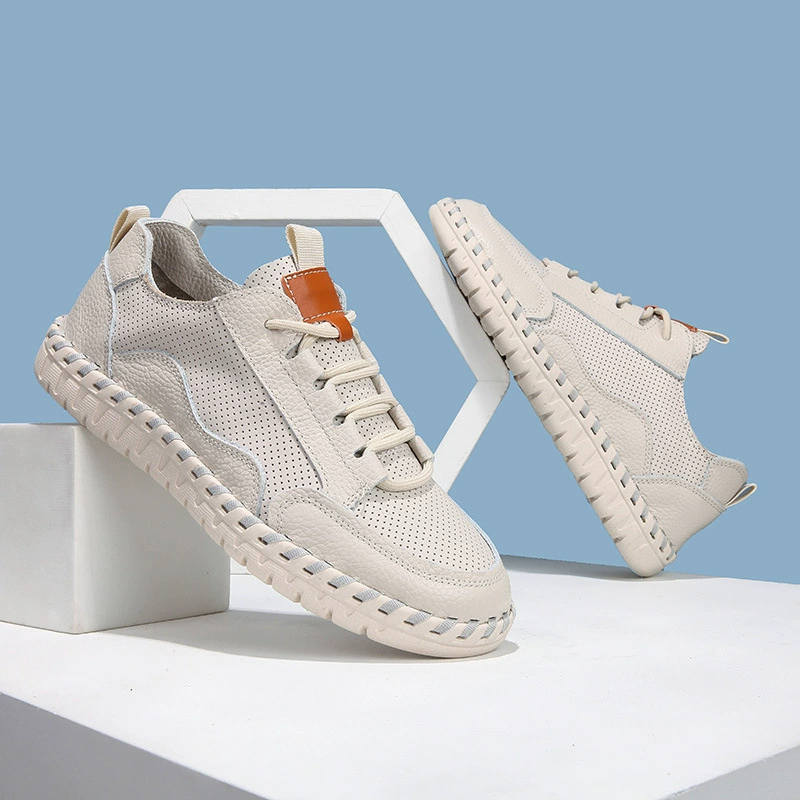 [Патент] первый слой коровьей кожи мужские дышащие всасывающие бобовые ботинки без клея ручной шитья обувь летняя маленькая белая обувь