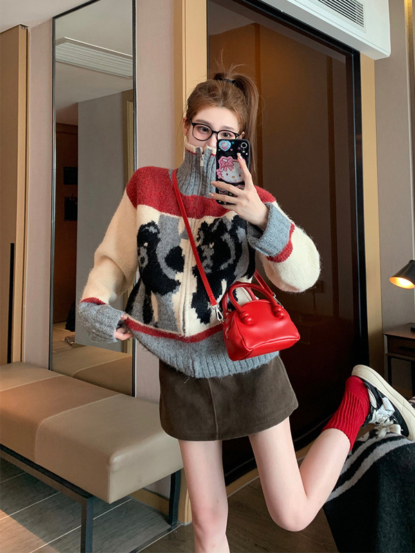 撞色立领毛衣外套女秋冬加厚洋气减龄软糯慵懒风外穿针织开衫上衣|undefined