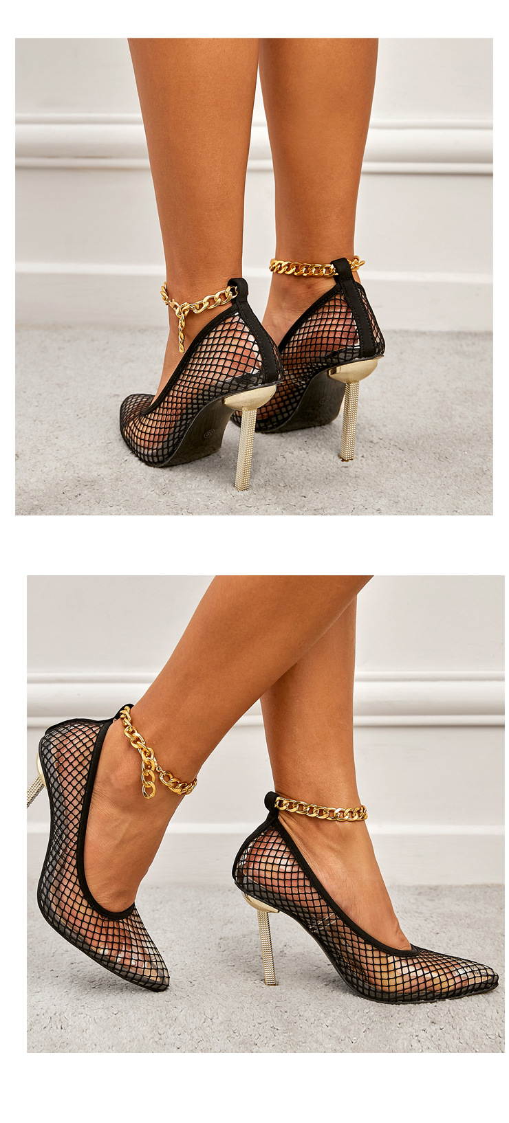 Pointed Toe Mesh Metal Chain Stiletto Shoes NSSO107867