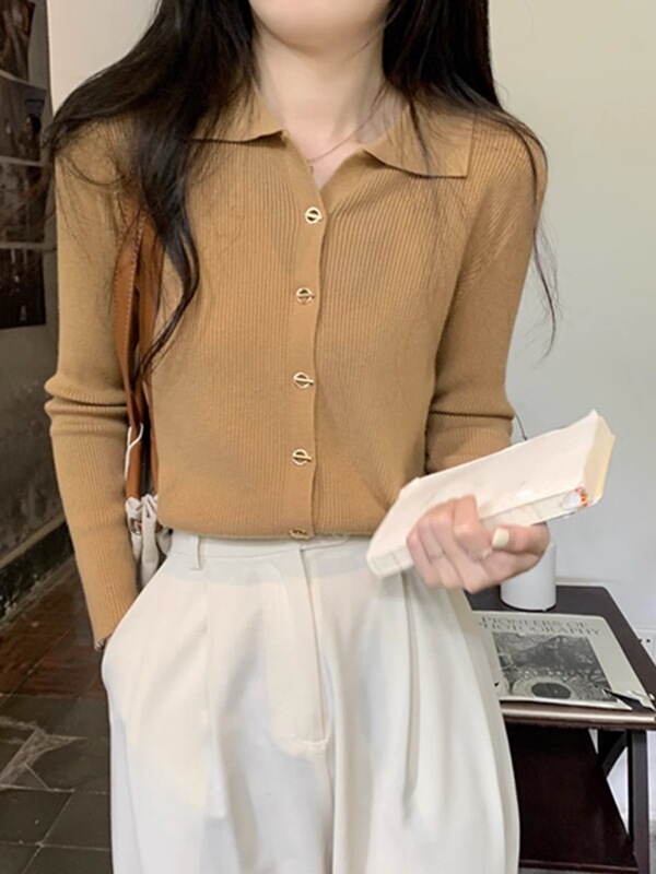 别致polo领纽扣针织羊毛衣外套秋chic法式复古内搭长袖上衣女开衫|undefined