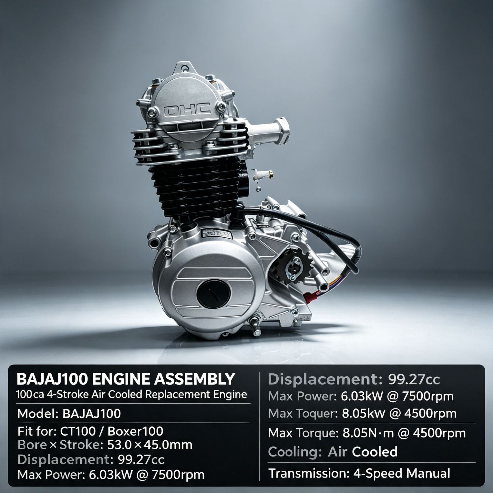 Cross-border export of BAJAJ100 motorcycle engine assembly, single-cylinder air-cooled 100cc, compatible with CT100