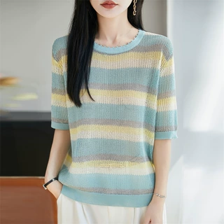 夏季款珍珠麻圆领针织衫短袖镂空彩色条纹打底衫上衣T恤女装批发