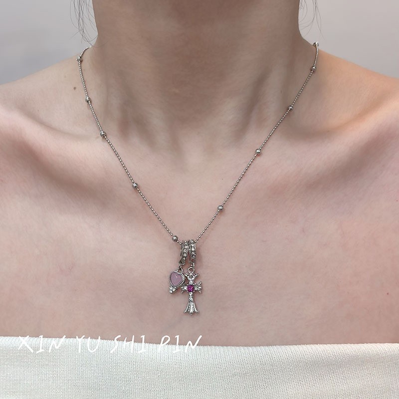 甜酷风十字架项链女辣妹粉色串珠多层毛衣链轻奢气质高级感颈链|undefined