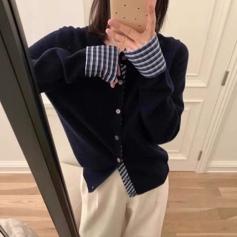 MJG时尚拼接假两件针织开衫女2025秋冬季新款单排扣打底毛衣外套|undefined