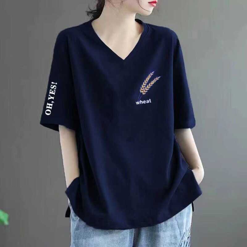 New Style Imitation Cotton Short-Sleeved T-Shirt for Women, Summer Printed V-Neck Loose Large Size Casual Fashionable Middle-Aged Tops New Style Imitation Cotton Short-Sleeved T-Shirt for Women, Summer Printed V-Neck Loose Large Size Casual Fashionable Middle-Aged Tops