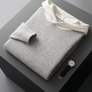 2025 Spring and Autumn New Style 100% Australian Wool Sweater Men's Pullover Thickened Hooded Sweater Large Size Knitted Bottoming Sweater
