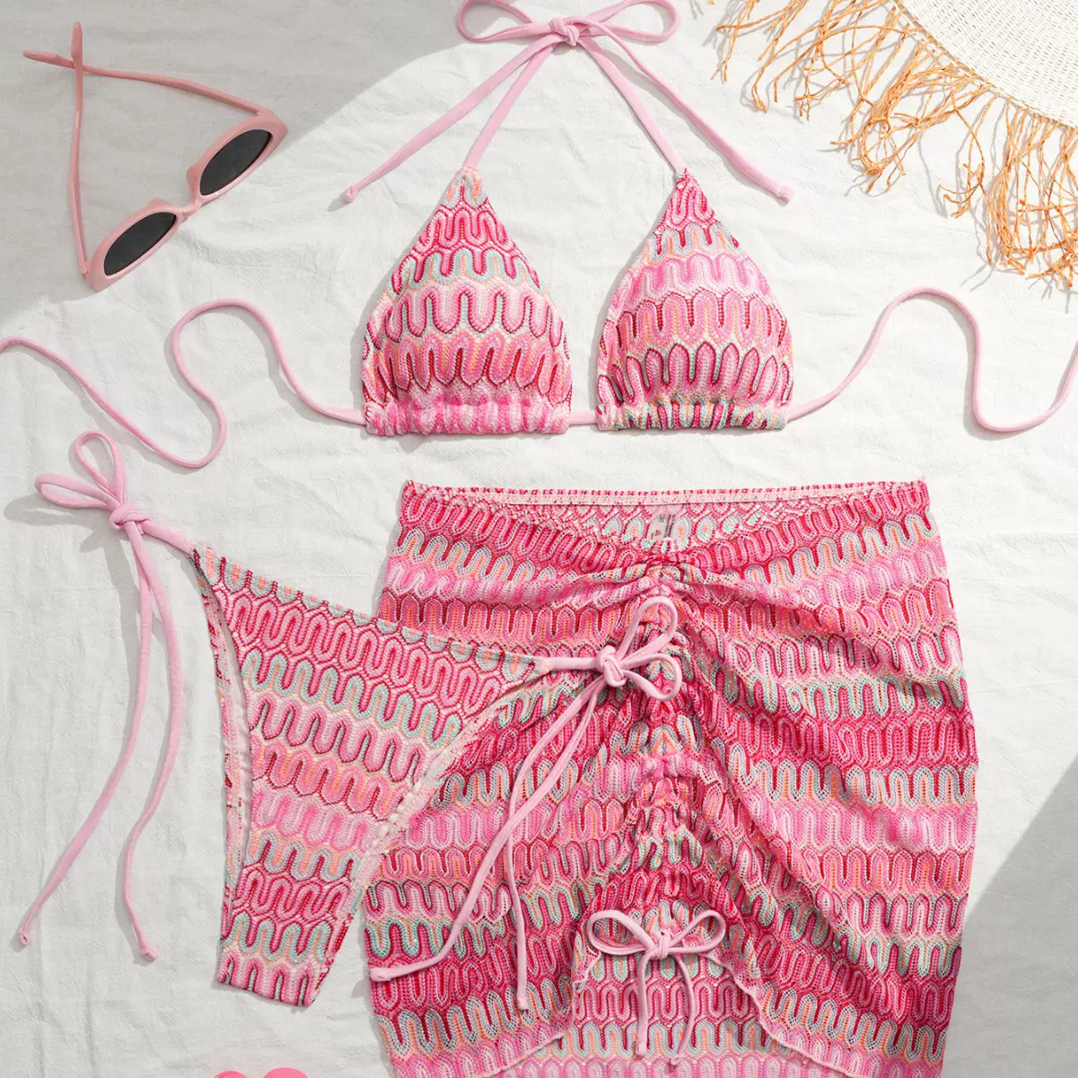 2025欧美新款刺绣渐变性感三件套挂脖吊带泳装泳衣比基尼bikini