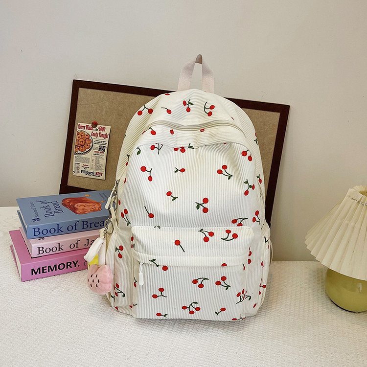 1197g Weight Polyester Lining Material Zipper Closure Type Double Shoulder Straps Strap Type Casual, School, Daily Occasion Corduroy Material Back To School Festival School Backpack Backpack Cherry Pattern All Seasons Season Women's Gender Cute Style Shell Shape Cherry Casual School Daily School Backpack 49