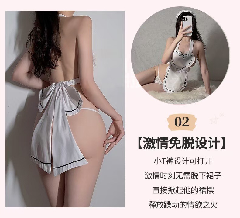 Japanese Maid Roleplay Lingerie Set with Fishnet Stockings, Polyester Uniform Pajamas — detail image 13