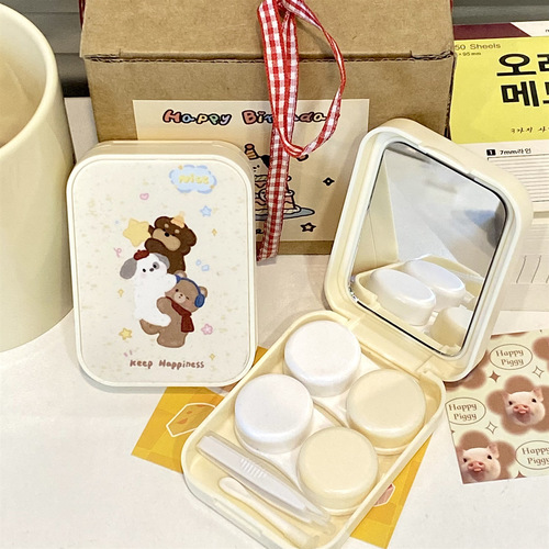 Cute original new milky white bear buddy double box multi-pack winter style contact lens box with mirror