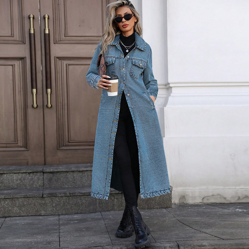 Elegant Long Denim Coat For Women, Mid Blue And Black Trench Style Jacket, Versatile Career Outerwear For Fall_ecoleips.com
