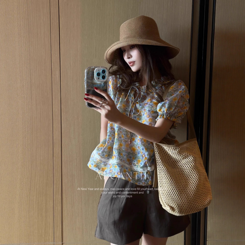 Pastoral Floral Bubble Short-Sleeved Shirt Babydoll Shirt Commuting Wear Tea-Like Chic Top 2025 Summer