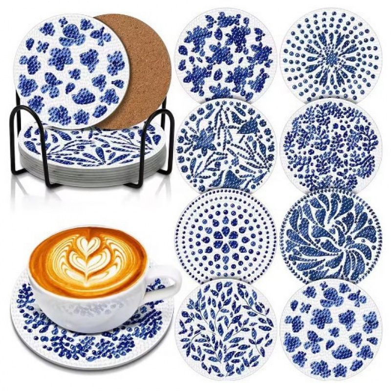 Ventas transfronterizas calientes de 8 piezas de conjunto de cojín de taza de arte de diamante, con soporte, pequeño conjunto de pintura de diamante, adecuado para adultos