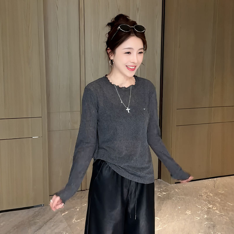 大码女装圆领木耳边灰色长袖t恤秋季新款胖mm显瘦内搭打底衫上衣|undefined