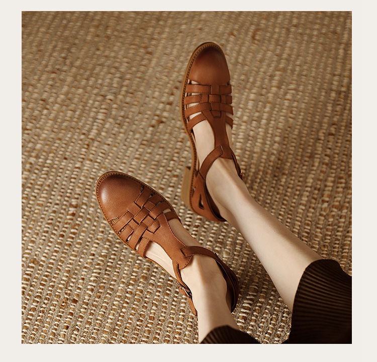 Sandal bít mũi da cừu phong cách La Mã quai chữ T dệt cho nữ — Màu caramel chi tiết 18