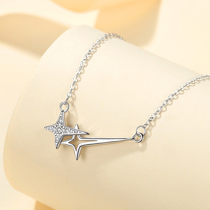 Collar de Clavícula con Dije de Estrella S925 de Plata de Ley 925, Multicapa, Microincrustado, para Mujer
