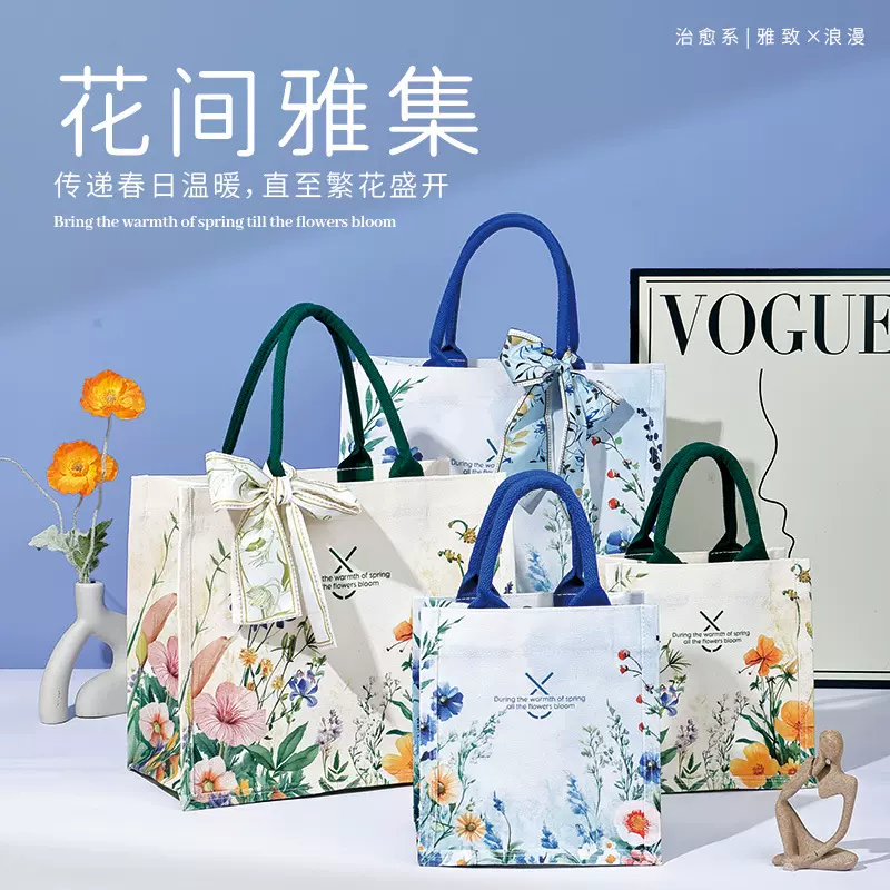 2025开业礼品帆布袋花间帆布包大容量轻便托特包带丝巾帆布手提袋