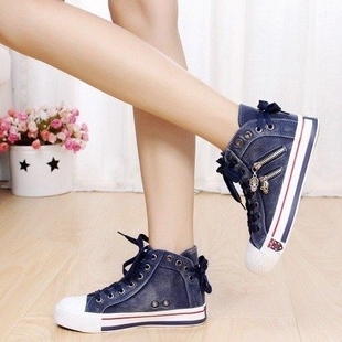 Denim high-top canvas shoes women's Korean casual shoes 2024 spring and autumn new vintage plus size shoes zipper
