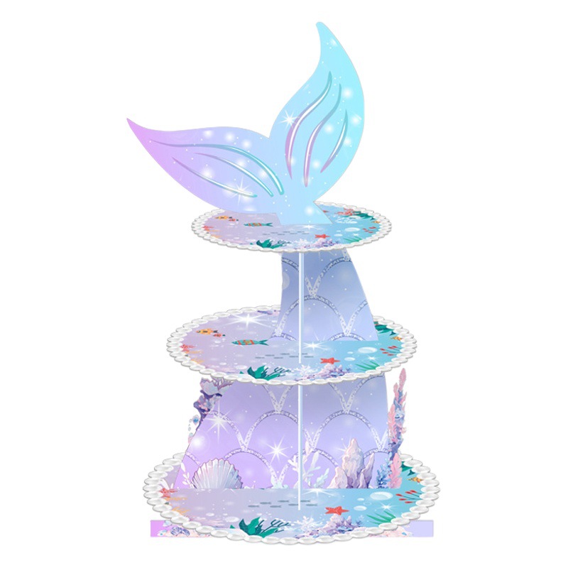 Sirena tema capa de dibujos animados pastel de cumpleaños suministros desechables mesa de pastel de tres capas