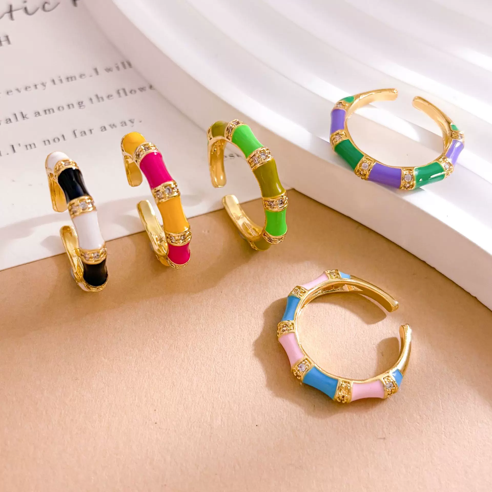 戒指国风竹节珐琅彩节节高戒指小众设计高级感轻奢开口可调节指环