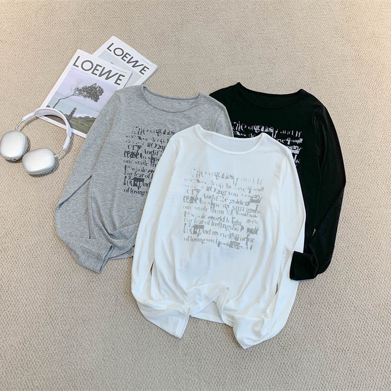 Lightweight Lyocell Cool Touch Fuzzy Letter Print Long Sleeve T-Shirt for Women Slim Fit Base Layer Top