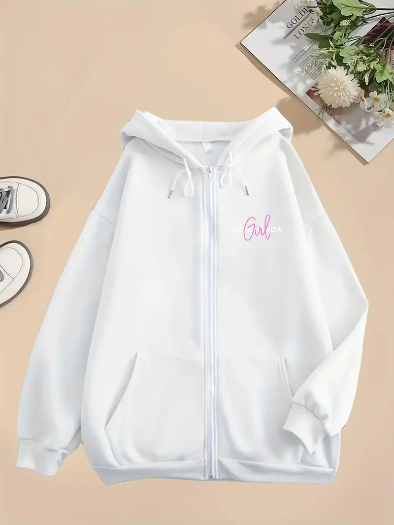 Women's Heart Print Loose Casual Hooded Sweatshirt Long Sleeved Zip Up Design European American Style Print_ecoleips.com