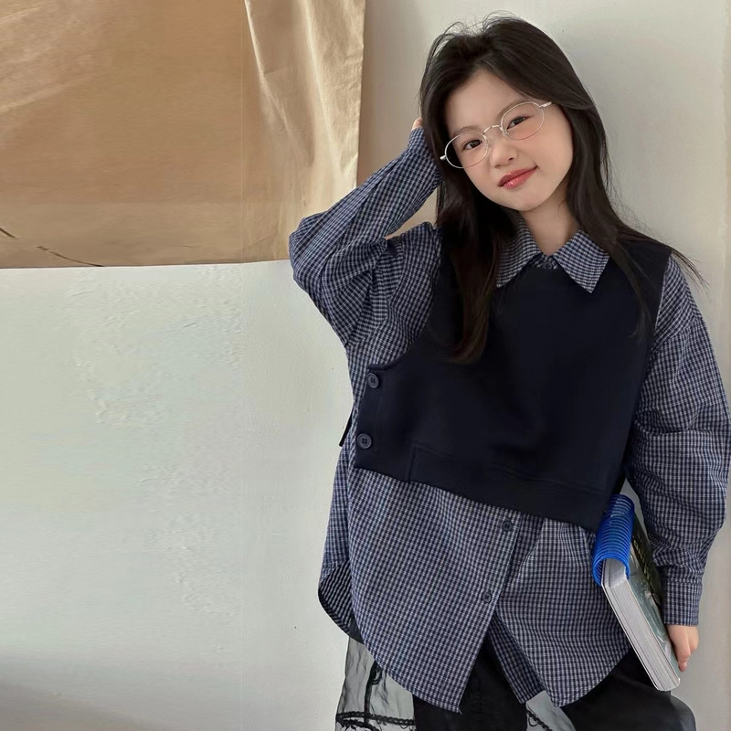 女童格子衬衫春秋2025新款韩版儿童早秋针织马甲背心叠穿上衣女孩|undefined