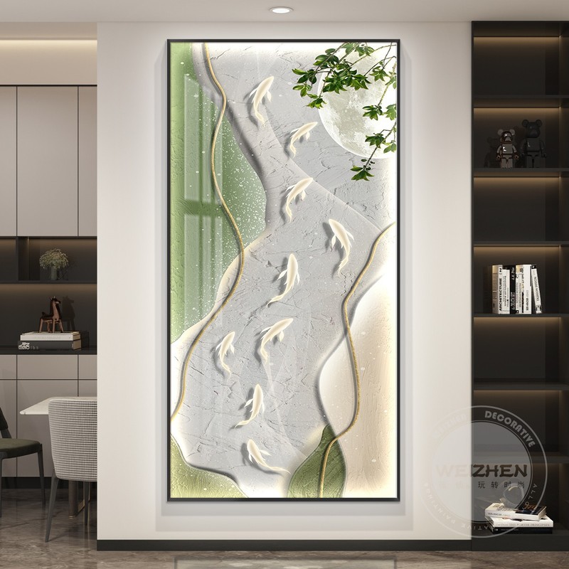 led带灯九鱼图轻奢入户玄关装饰画竖版走廊过道挂画简约现代高档|undefined