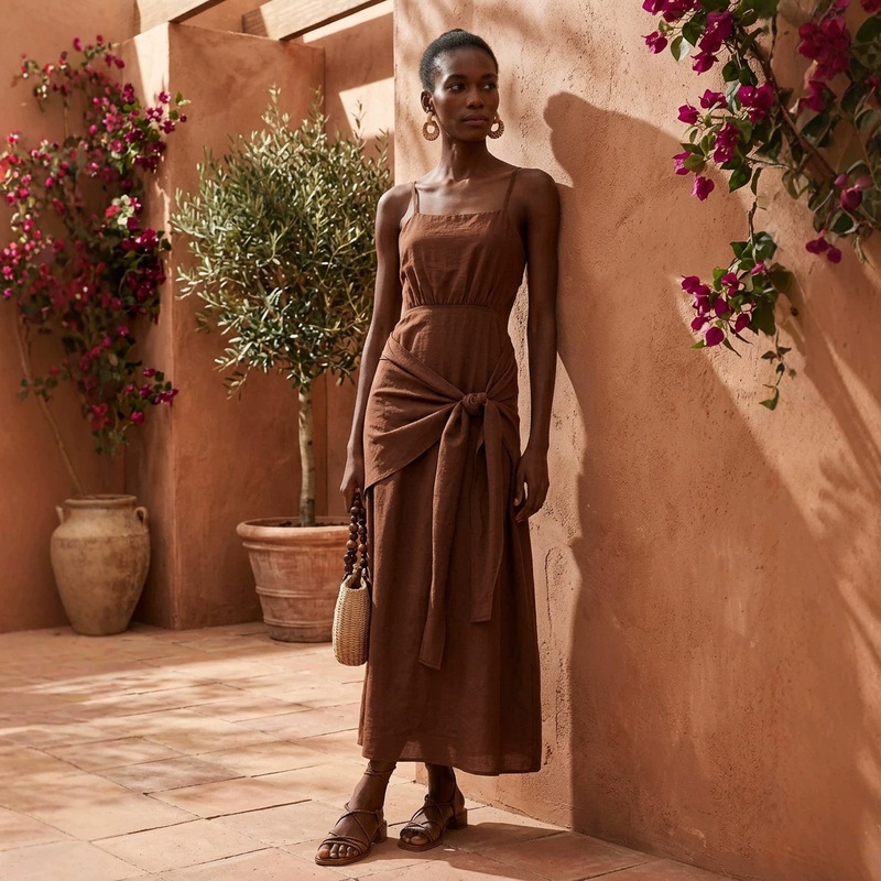 Foreign Trade Cross-Border Backless Tie-Up Dress, Square Neck, Waist-Cinching, Linen Texture, Brown, Mid-Length, Vacation Style, Spaghetti Strap