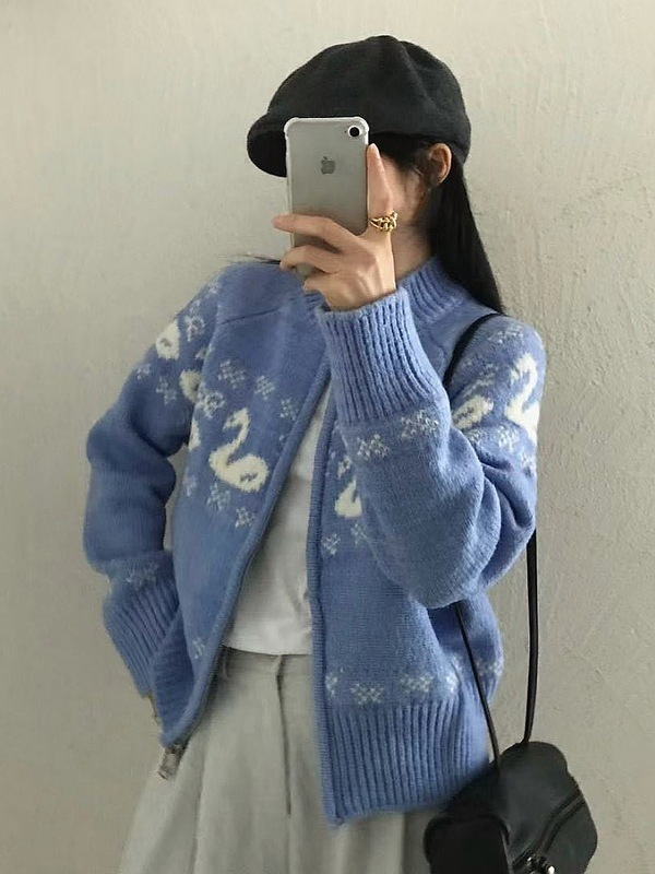 韩系费尔岛提花毛衣外套女秋冬新款宽松百搭拉链针织开衫上衣1326|undefined