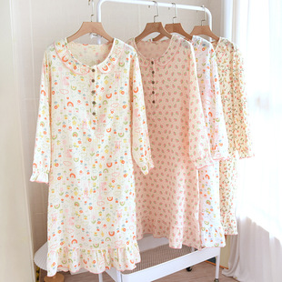 Spring and Summer Women's Cotton Long-sleeved Nightdress Simple Large Size Double-layer Gauze Home Dress Crepe Ear Collar Long-sleeved Dress