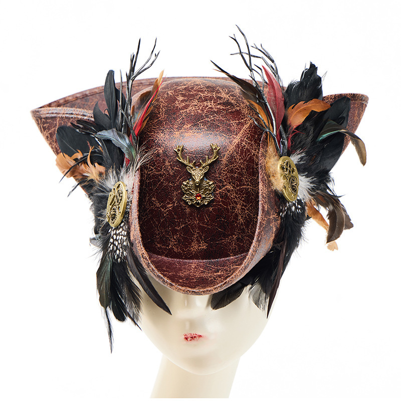 Punk Stage Performance Pirates of the Caribbean Decoration Halloween Faux Leather Pirate Hat Gear Feather Tricorn Hat Punk Stage Performance Pirates of the Caribbean Decoration Halloween Faux Leather Pirate Hat Gear Feather Tricorn Hat