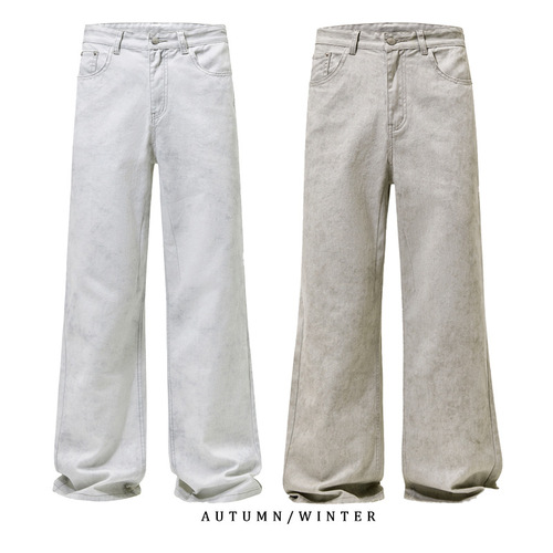 JIAMU autumn and winter marble dark pattern dirtyfit straight loose A-line slightly flared casual pants for men trendy and lazy style