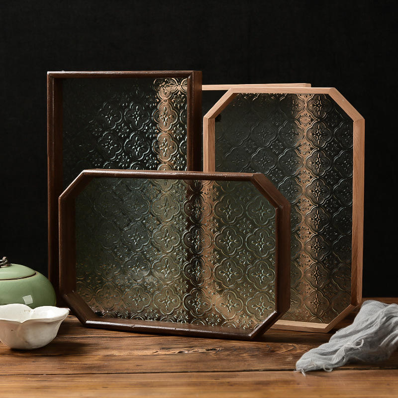Begonia Embossed Glass Tray Walnut Color Rectangular Tea Tray Storage Ornaments Tea Cup Fruit Dish Plate
