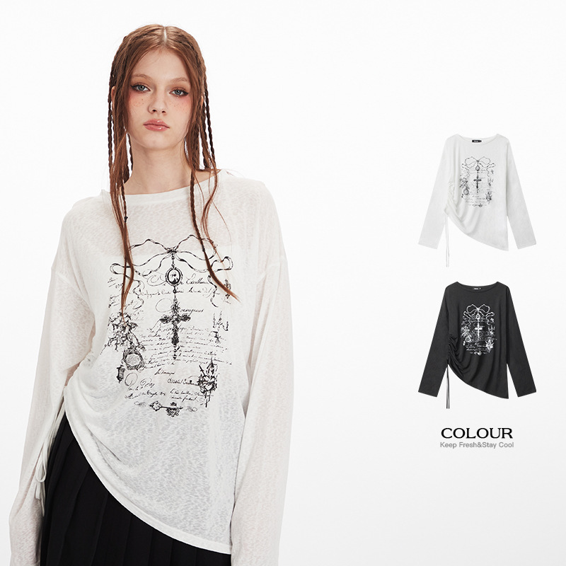 HeyHenry 2025 European and American Side Drawstring Design Cross Printed Round Neck Long Sleeve T-shirt Women's Slimming All-match