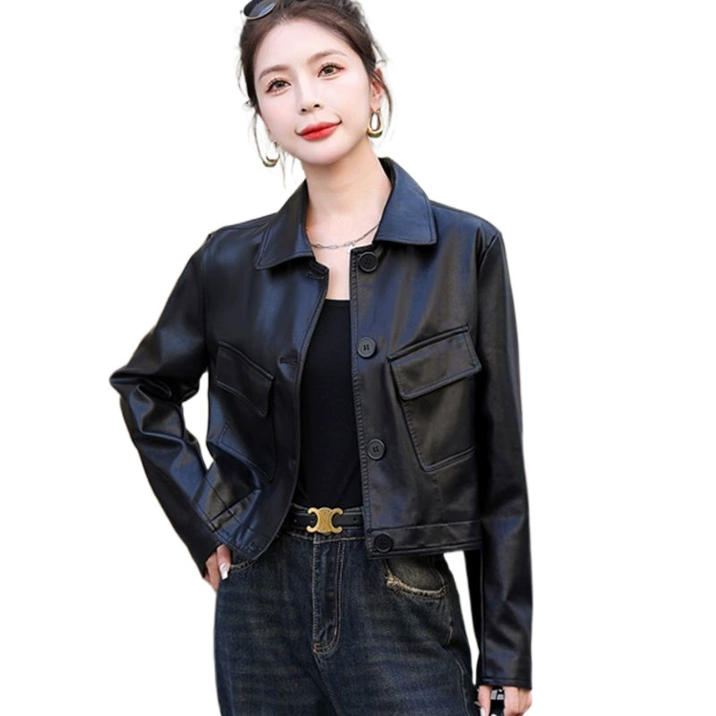Autumn fashionable short polyurethane jacket, square neckline, 2025 years, loose fit