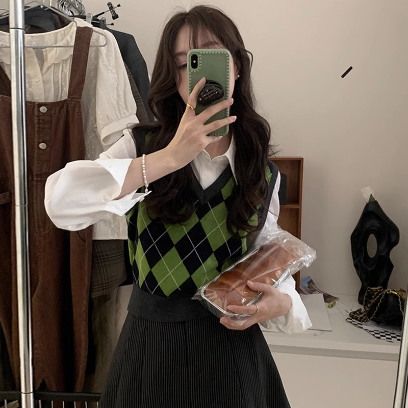 다이아몬드 체크 싱글 조끼