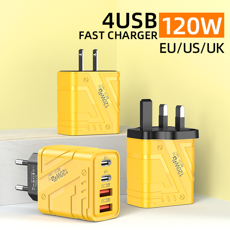 Nuevo cargador de teléfono móvil dual PD dual USB transfronterizo, cabezal de carga rápida estándar europeo y americano de cuatro puertos, adecuado para Huawei Apple