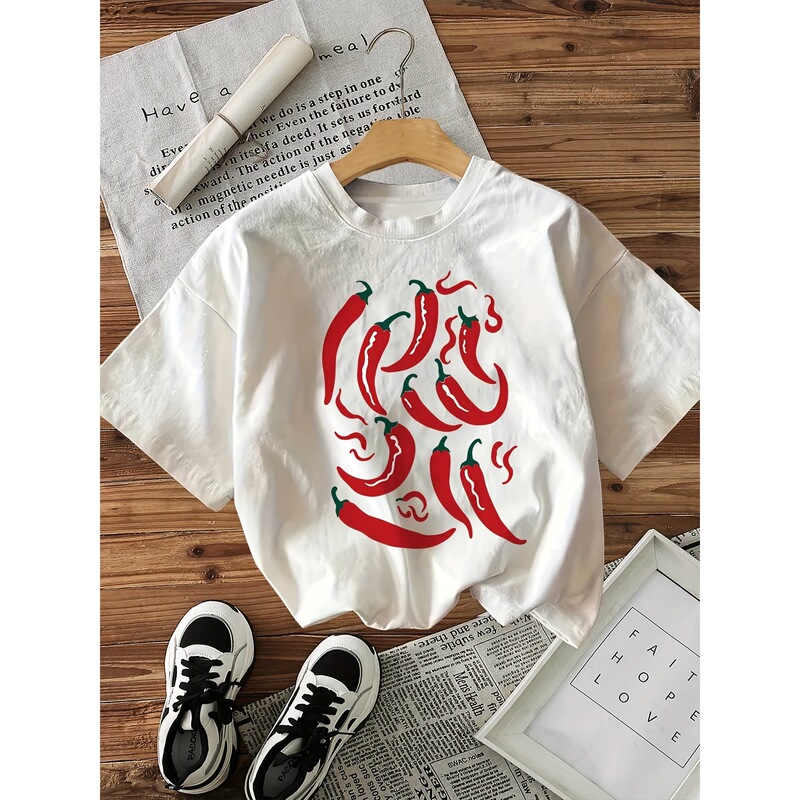 【European Size Cotton T-Shirt】Flat-Style Chili Pepper Slice Print Short-Sleeve Round-Neck T-Shirt in White, Pink, and Apricot Colors, European and American Style 【European Size Cotton T-Shirt】Flat-Style Chili Pepper Slice Print Short-Sleeve Round-Neck T-Shirt in White, Pink, and Apricot Colors, European and American Style