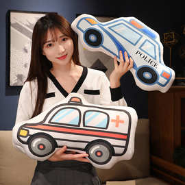 卡通小汽车警车模型挖掘机公仔创意毛绒玩具床上抱枕儿童礼物跨境