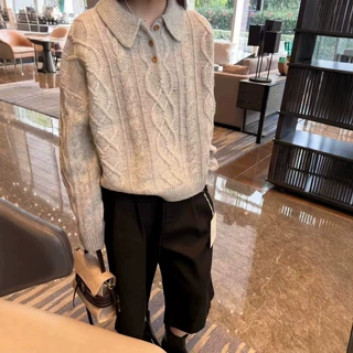 polo翻领绞花羊毛针织衫女宽松麻花半开毛衣上衣老钱风秋冬