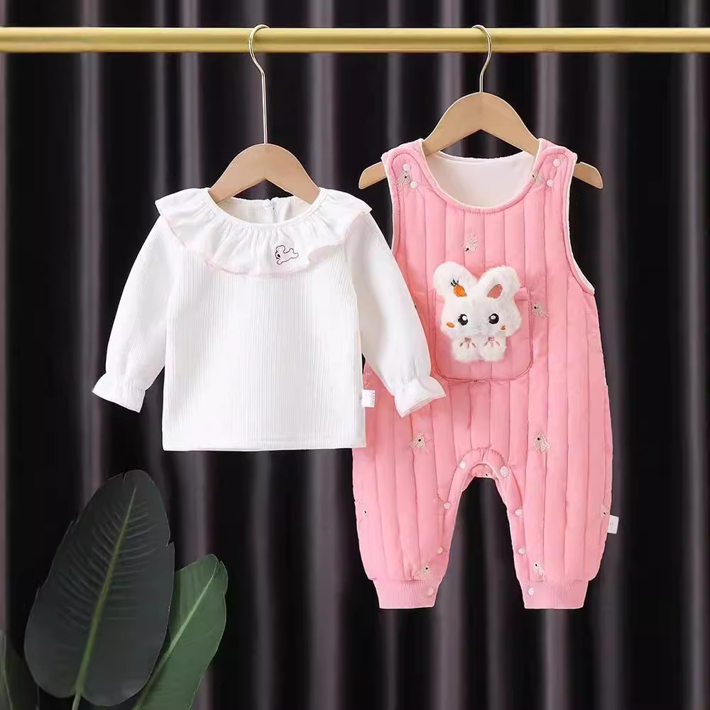 Traje de correa de conejo lindo para bebé de estilo occidental, cuello de encaje de bebé de moda, camiseta, tirantes anchos, pantalones, traje de escalada