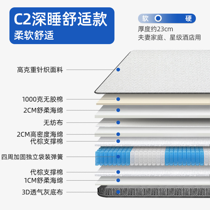 C2 럭셔리 마스터 침실 간섭 방지 편안한 모델 [진드기 방지 원단 + 9개 구역 독립 포켓 스프링 - 두께 23CM]