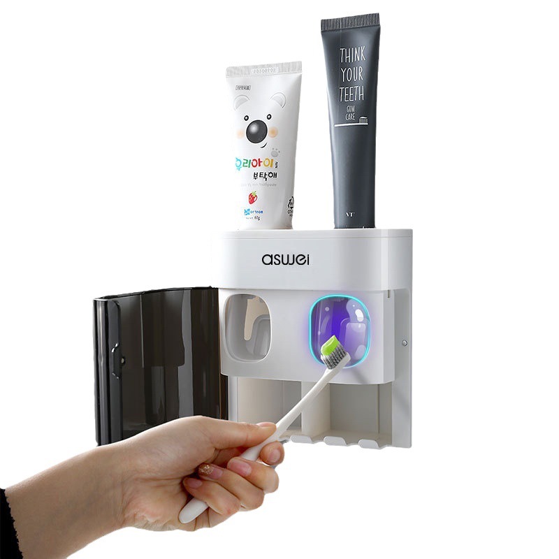 Double Squeeze Fully Automatic Dispenser Wall-Mounted Lazy Child Toothpaste Squeezer Manual No-Drill Storage Rack_voghion.com